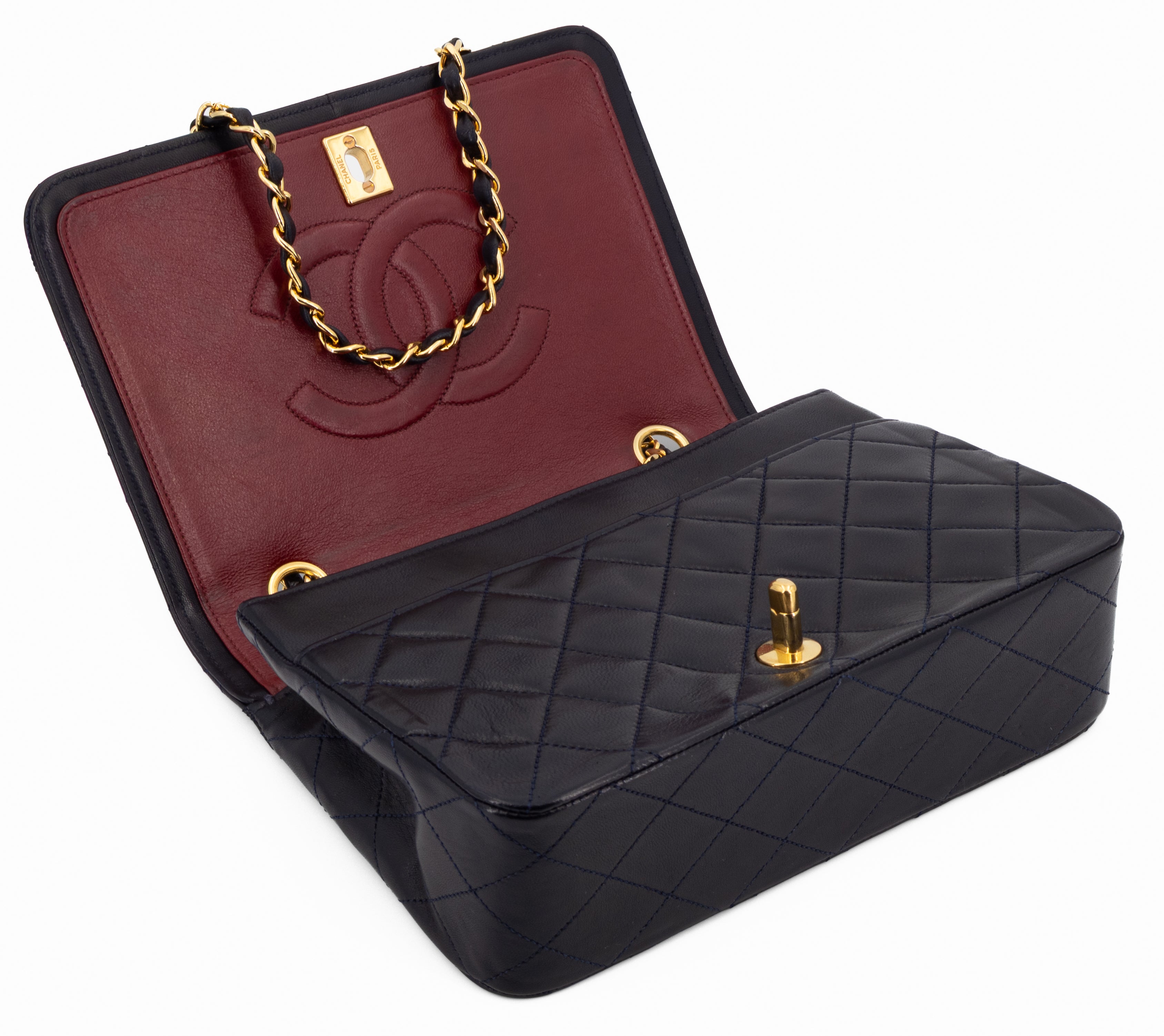 Chanel Full Flap Turn Lock Donkerblauw Navy Lamsleer Goud Hardware