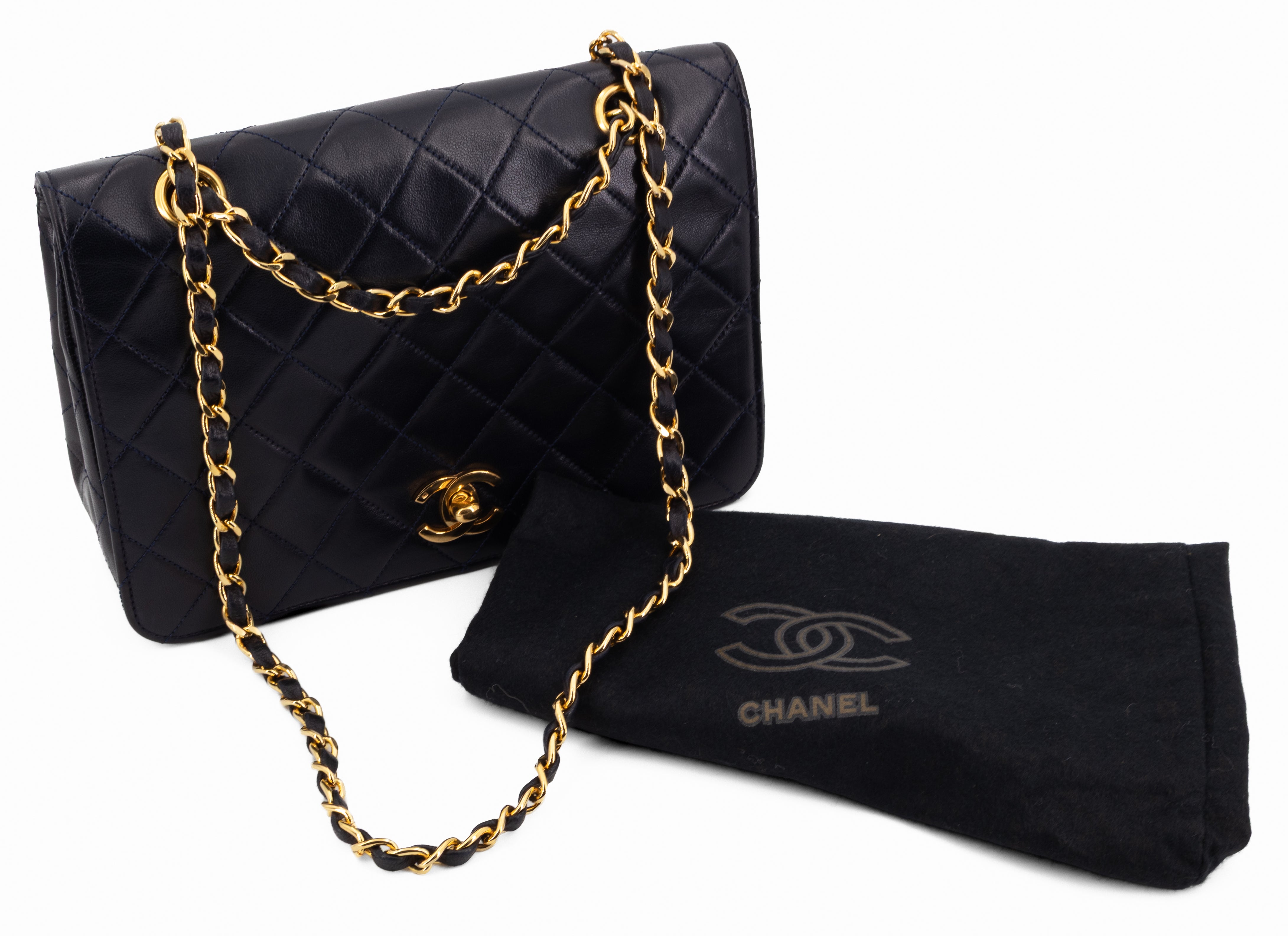 Chanel Full Flap Turn Lock Donkerblauw Navy Lamsleer Goud Hardware