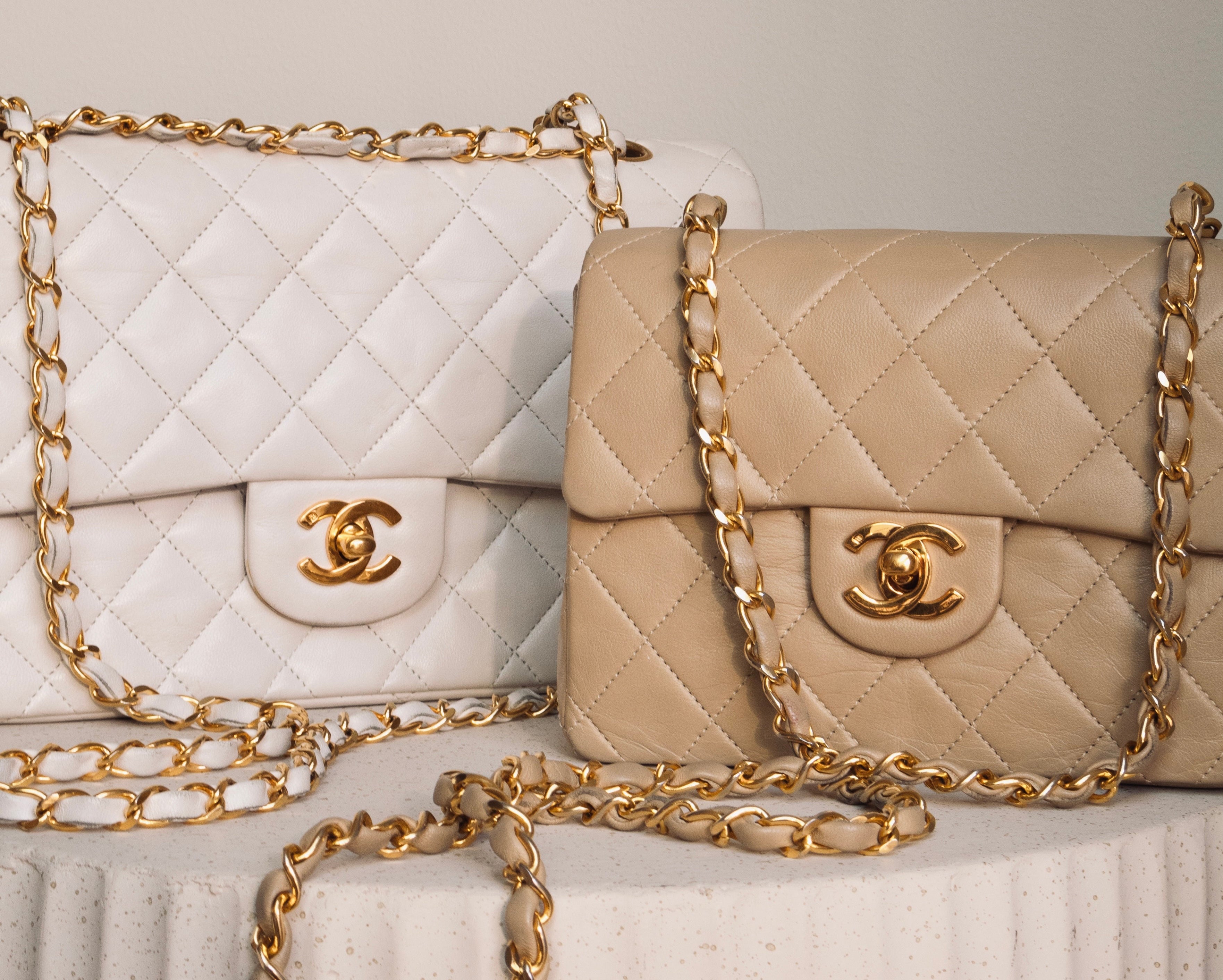 chanel vintage classic flap square beige and white