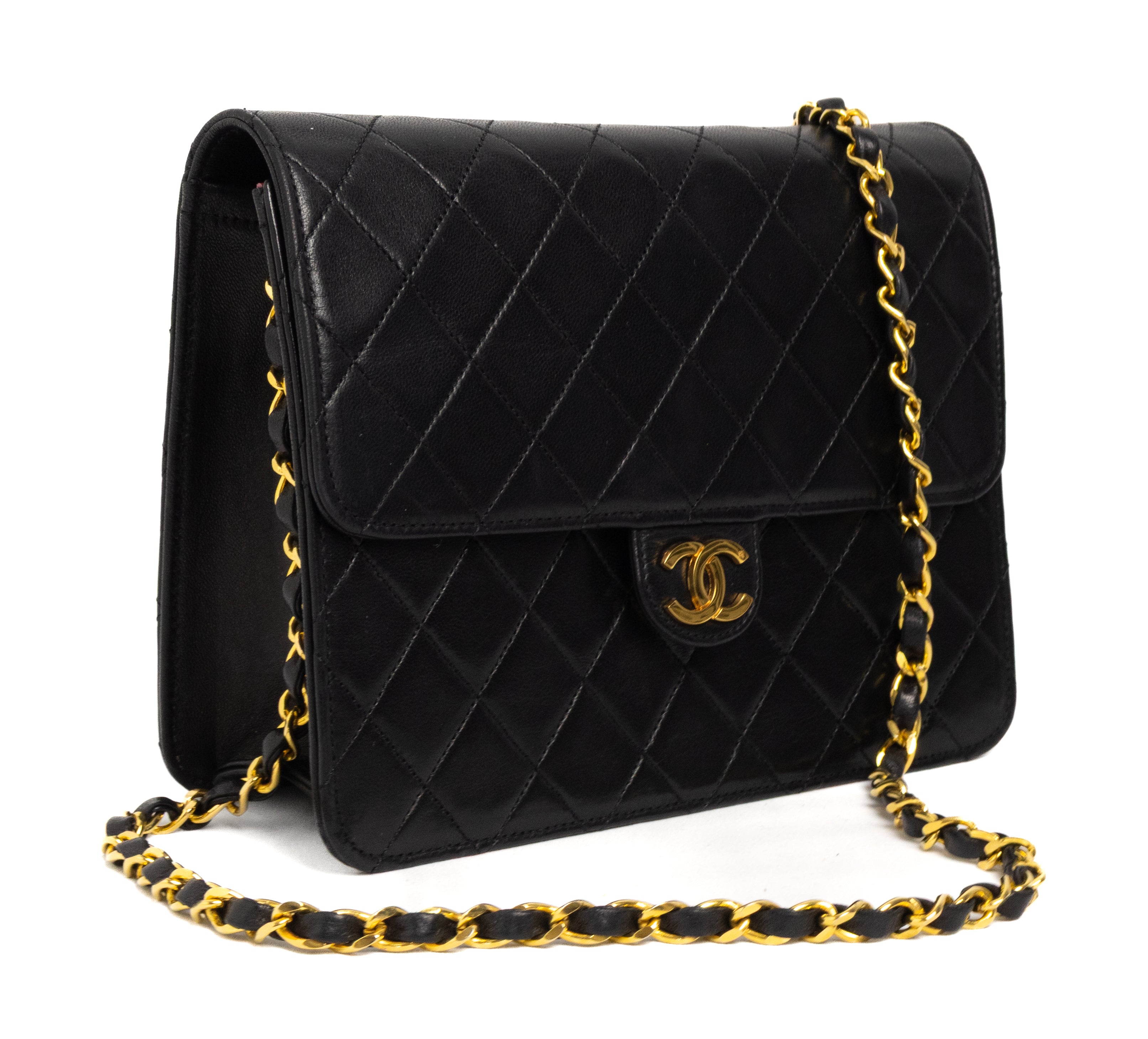 Chanel push lock single flap vintage authentic 24K gold hardware black lambskin