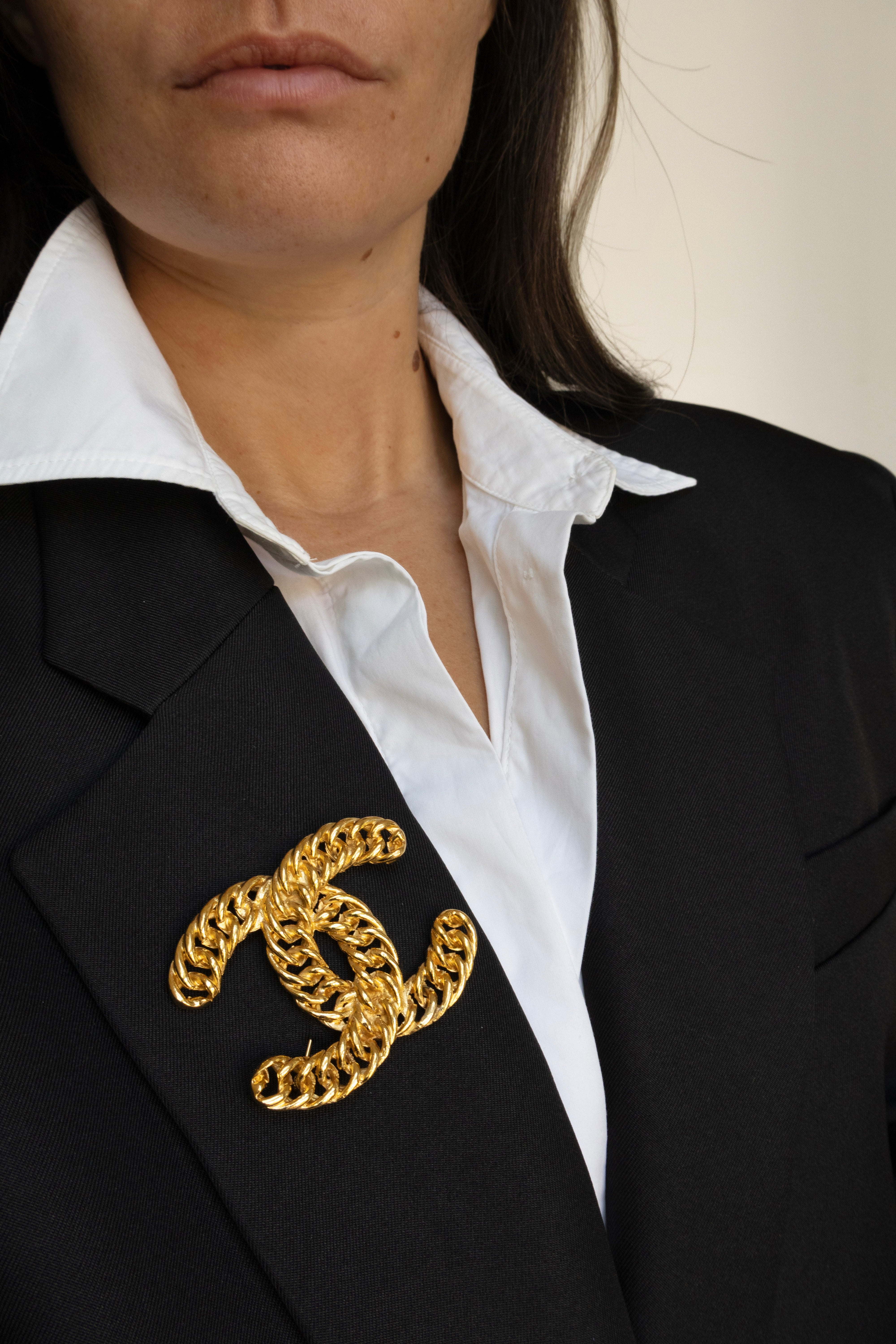 Vintage 1980's Chanel Paris Large Gold Plated CC Chain Brooch