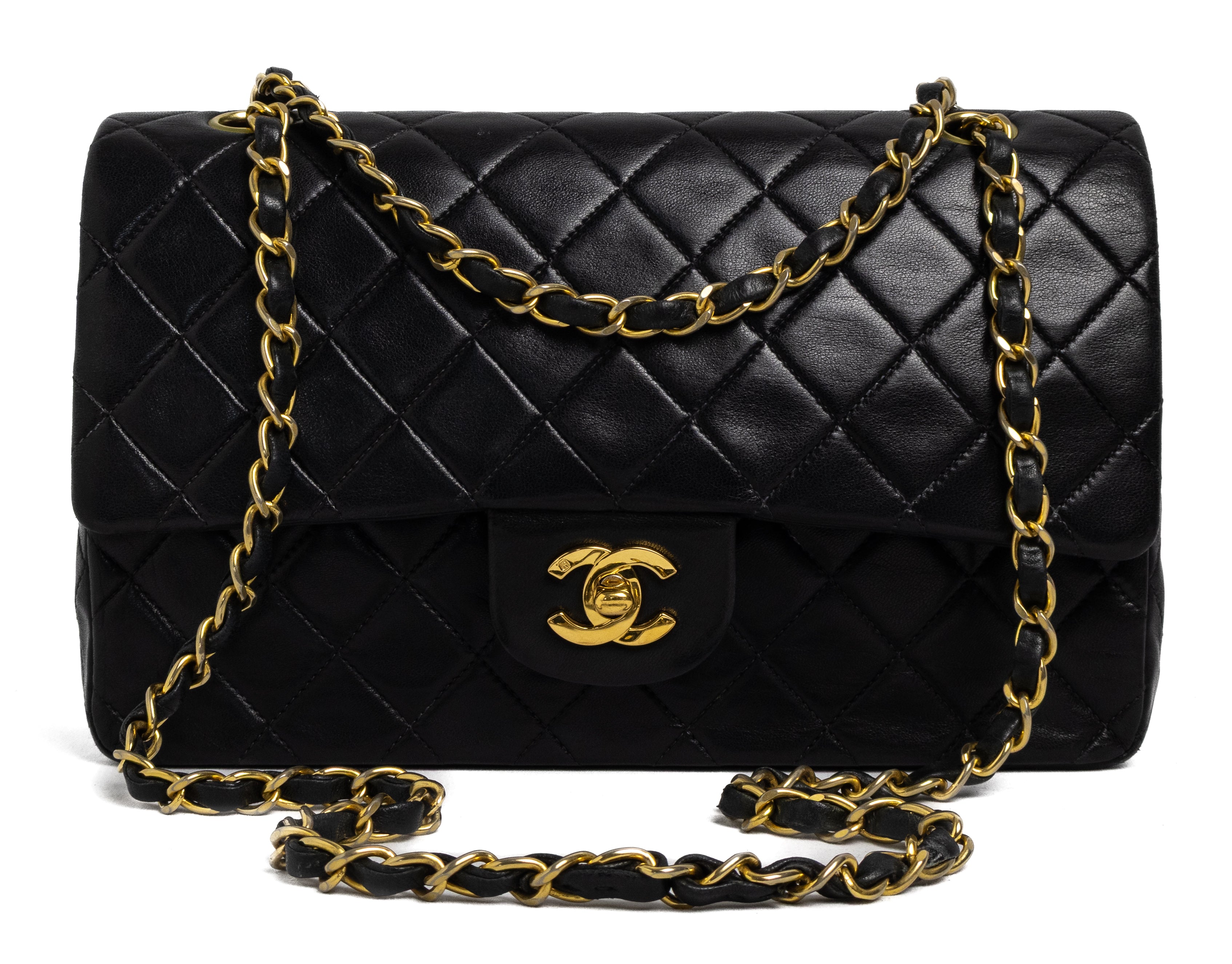 Chanel vintage classic double flap black lambskin 24K gold hardware authentic 