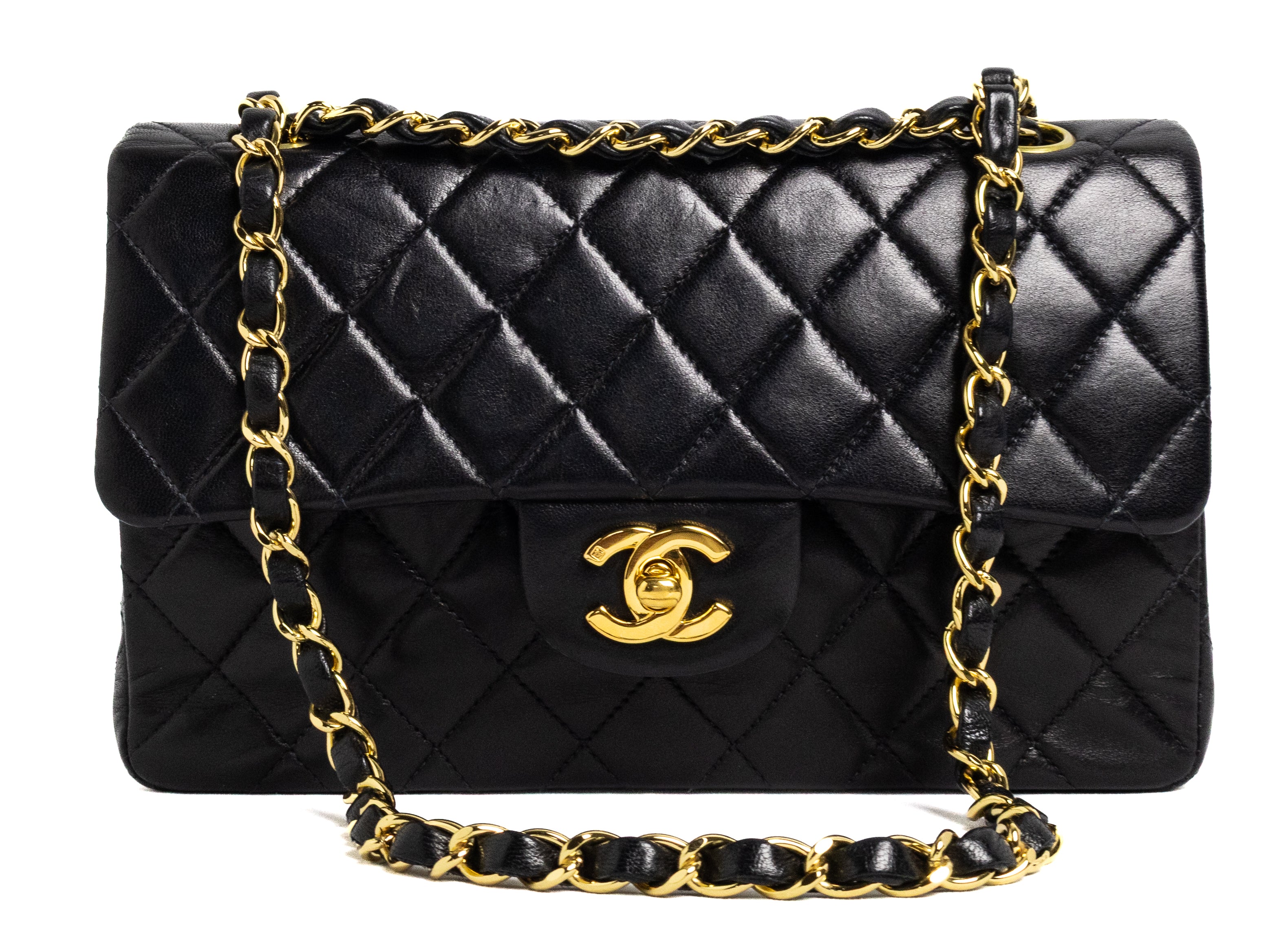 vintage Chanel Small Classic Flap zwart met 24K goud lamsleer hardware