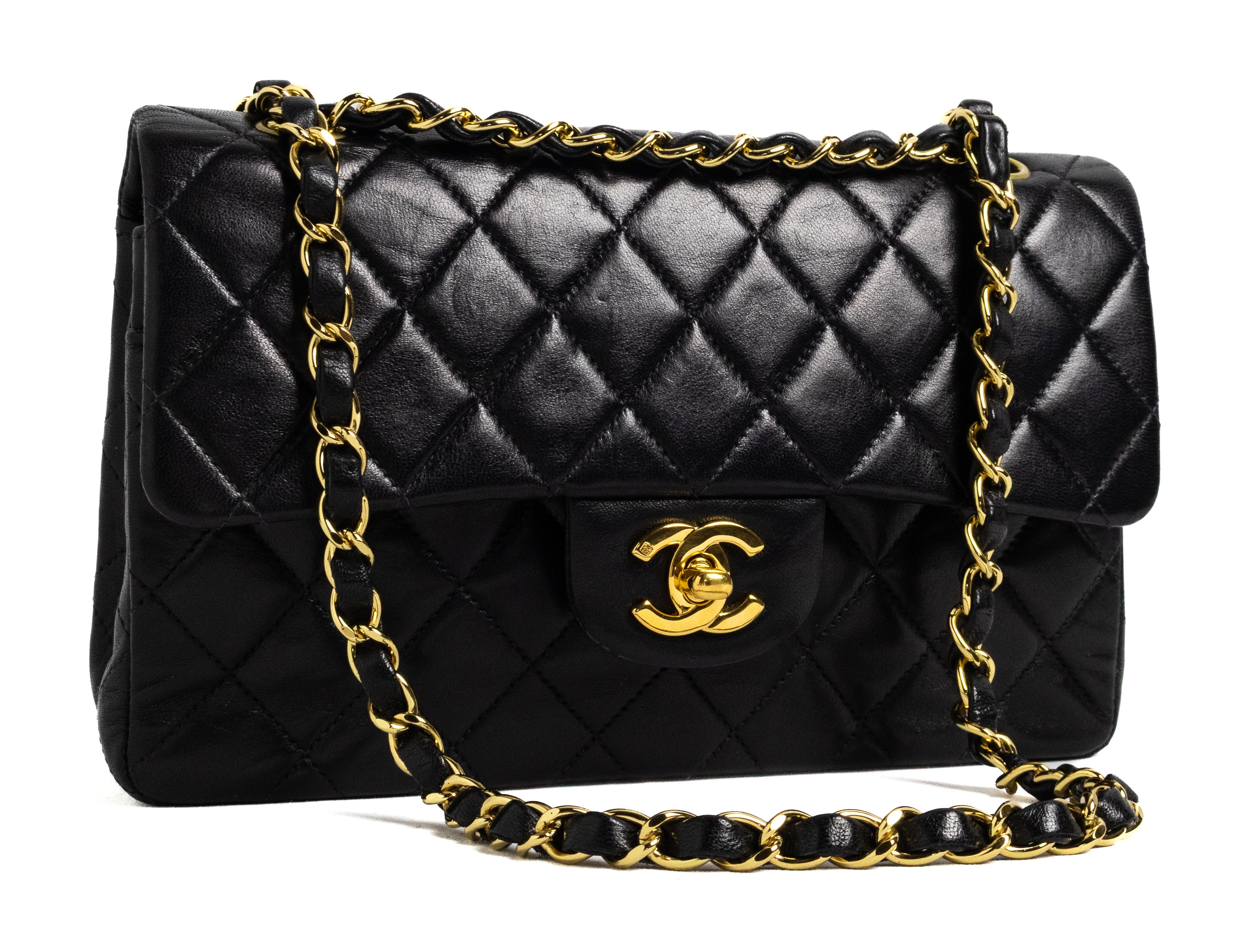 vintage Chanel Small Classic Flap zwart met 24K goud lamsleer hardware