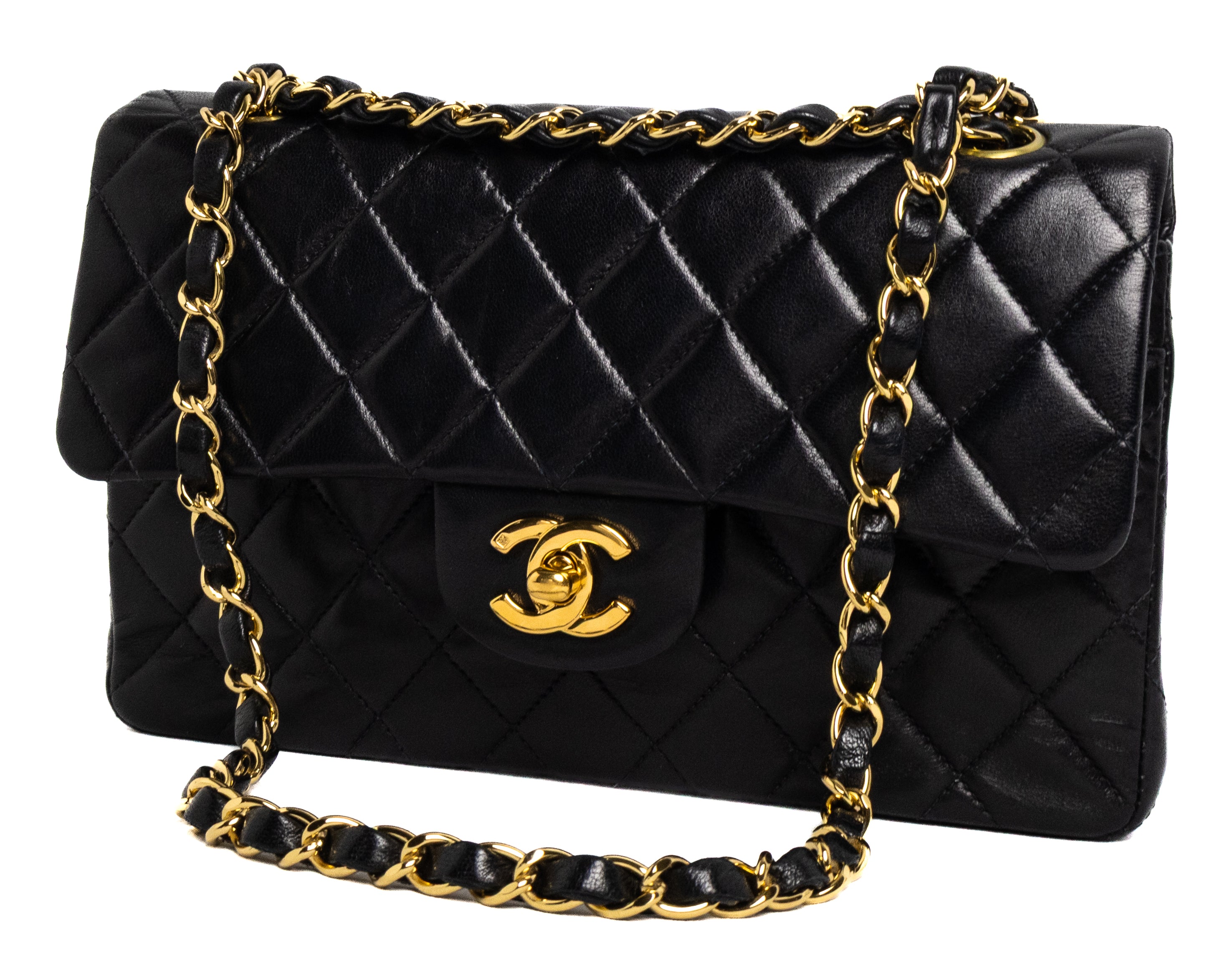 vintage Chanel Small Classic Flap zwart met 24K goud lamsleer hardware