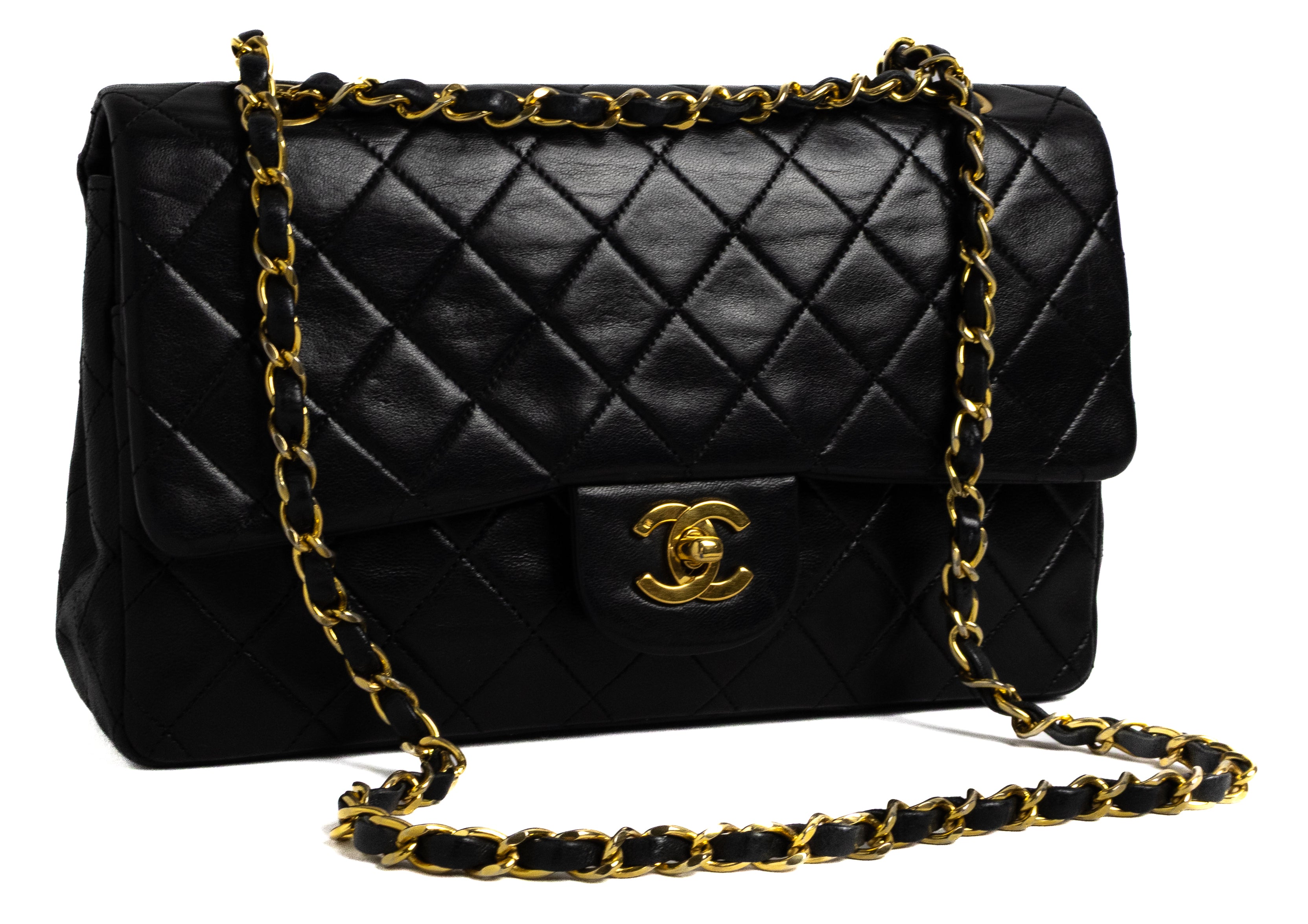 vintage Chanel Small Classic Flap zwart met 24K goud lamsleer hardware