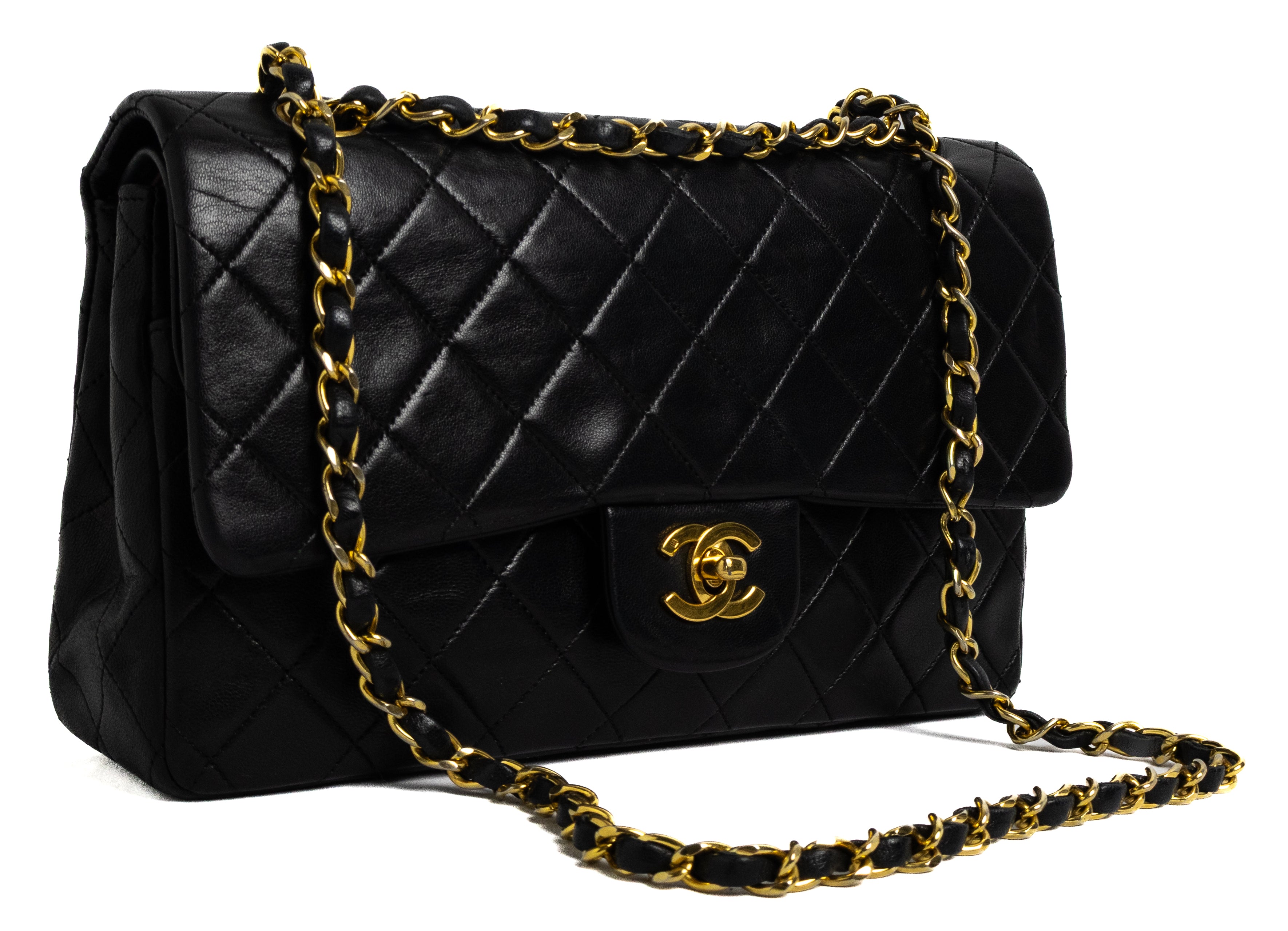 vintage Chanel Small Classic Flap zwart met 24K goud lamsleer hardware