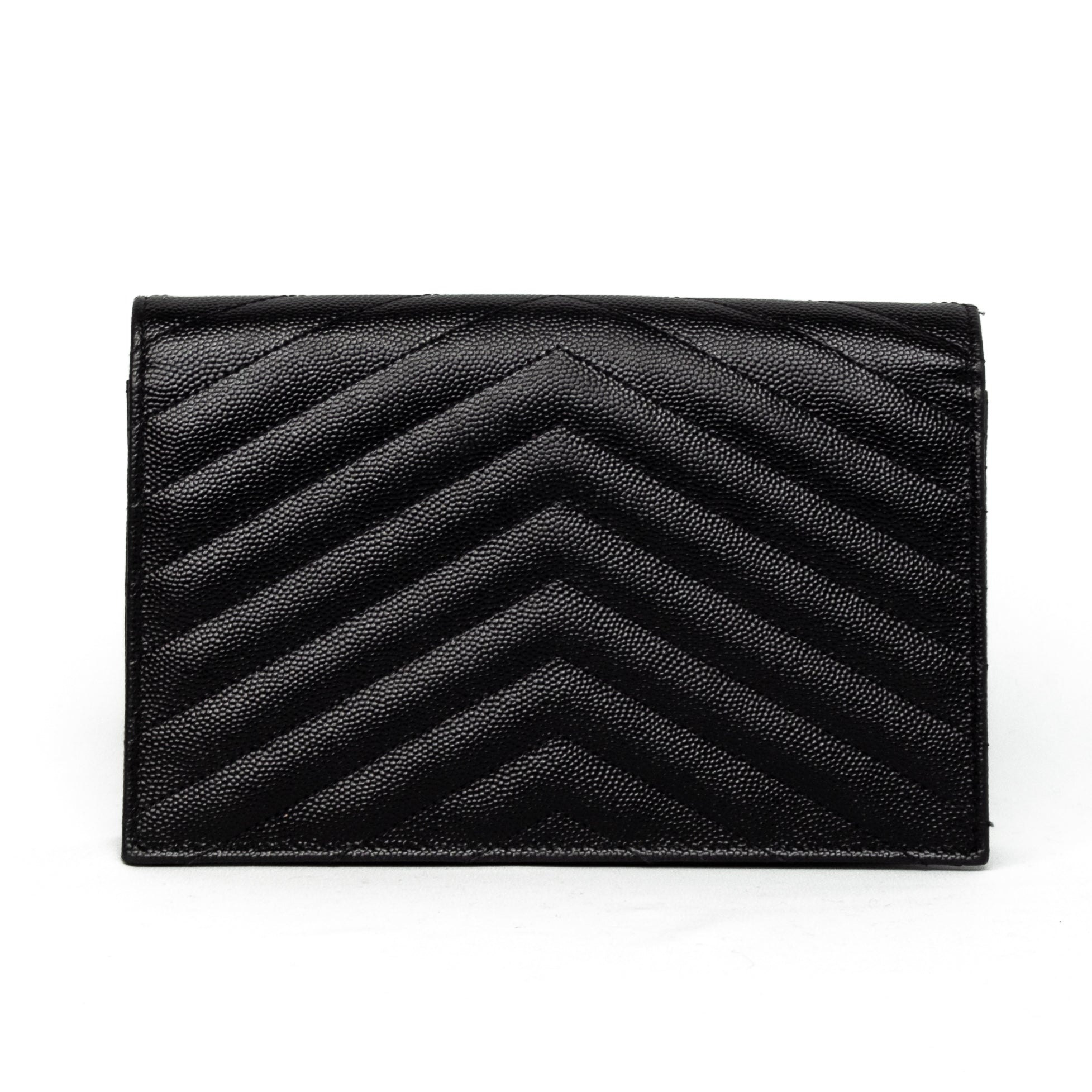 Yves saint laurent YSL cassandre envelope chain wallet black grained calfskin leather silver hardware wallet on chain WOC