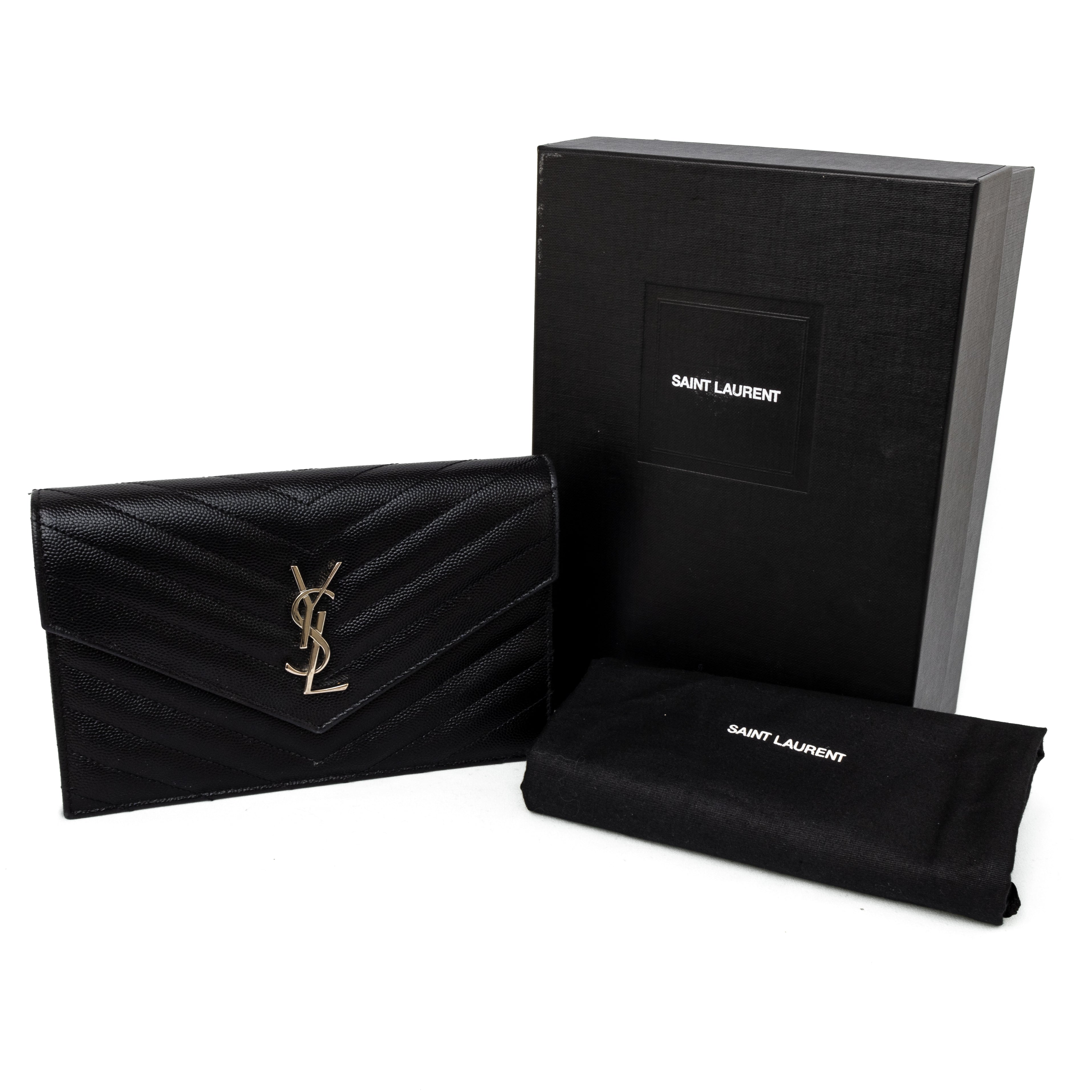 Yves saint laurent YSL cassandre envelope chain wallet black grained calfskin leather silver hardware wallet on chain WOC