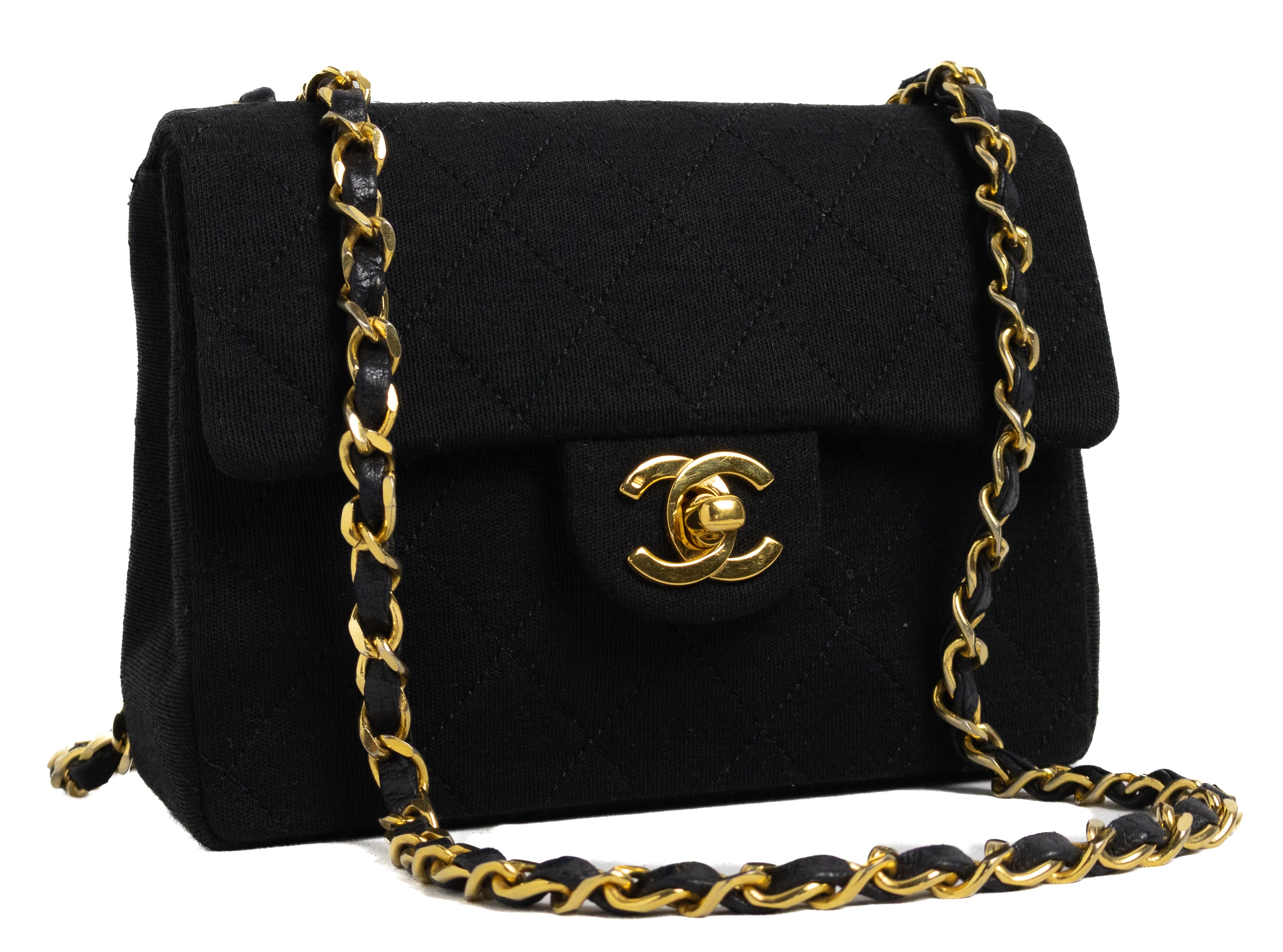 Vintage Chanel mini square bag black cotton gold 24K hardware
