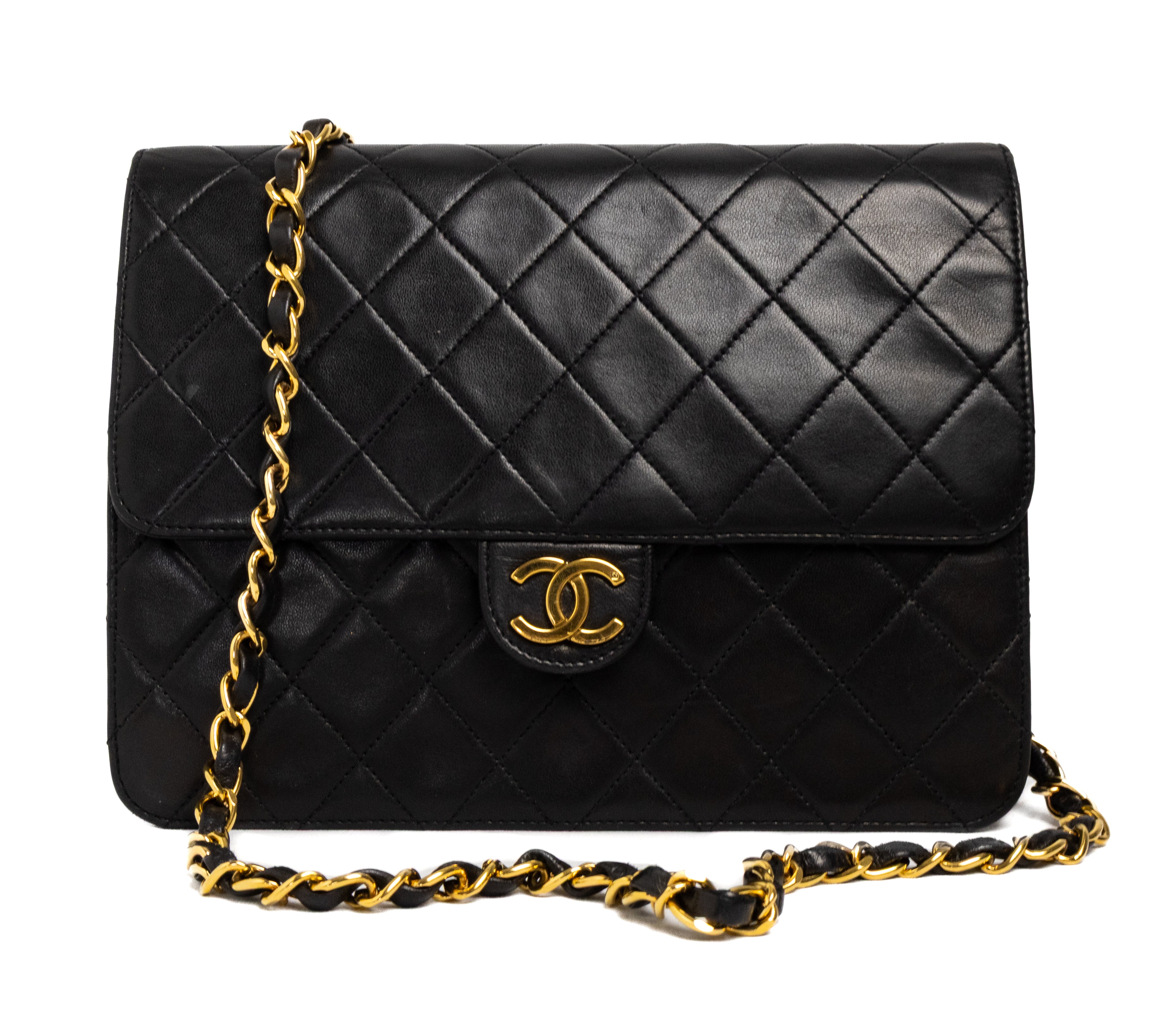 Chanel push lock single flap vintage authentic 24K gold hardware black lambskin