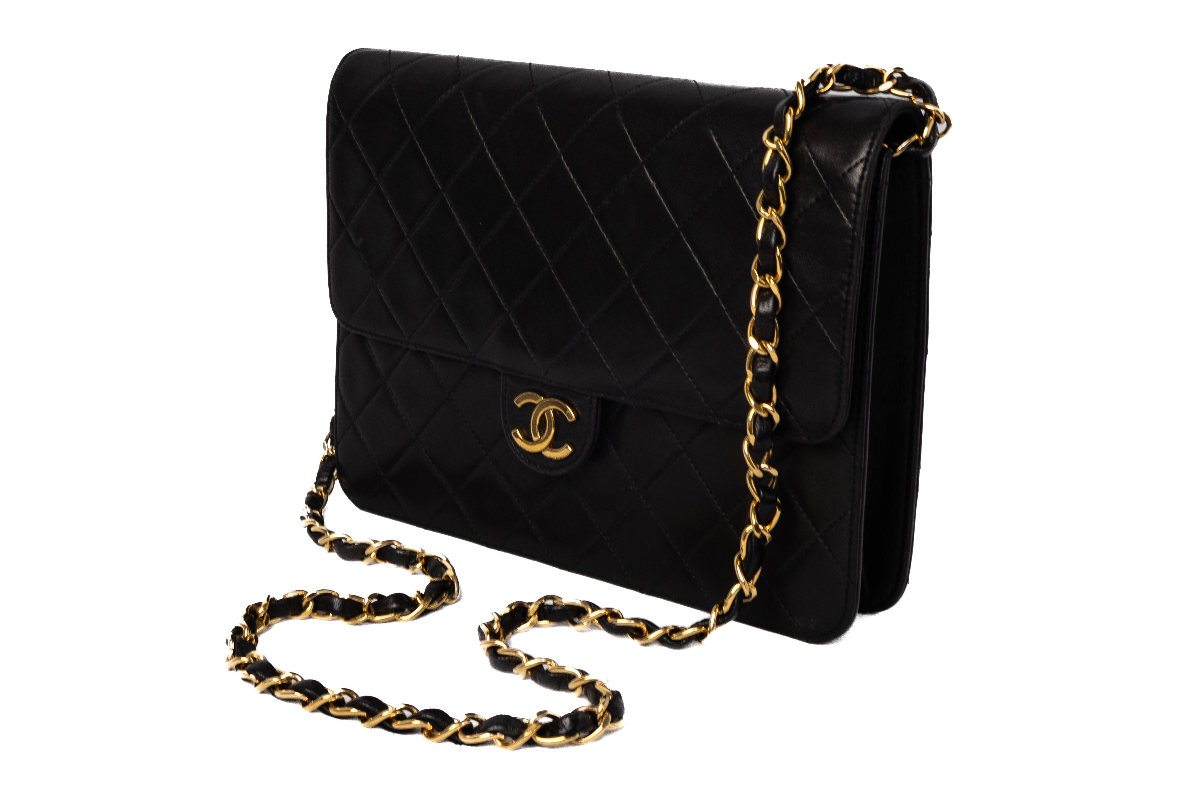 Chanel push lock single flap vintage authentic 24K gold hardware black lambskin