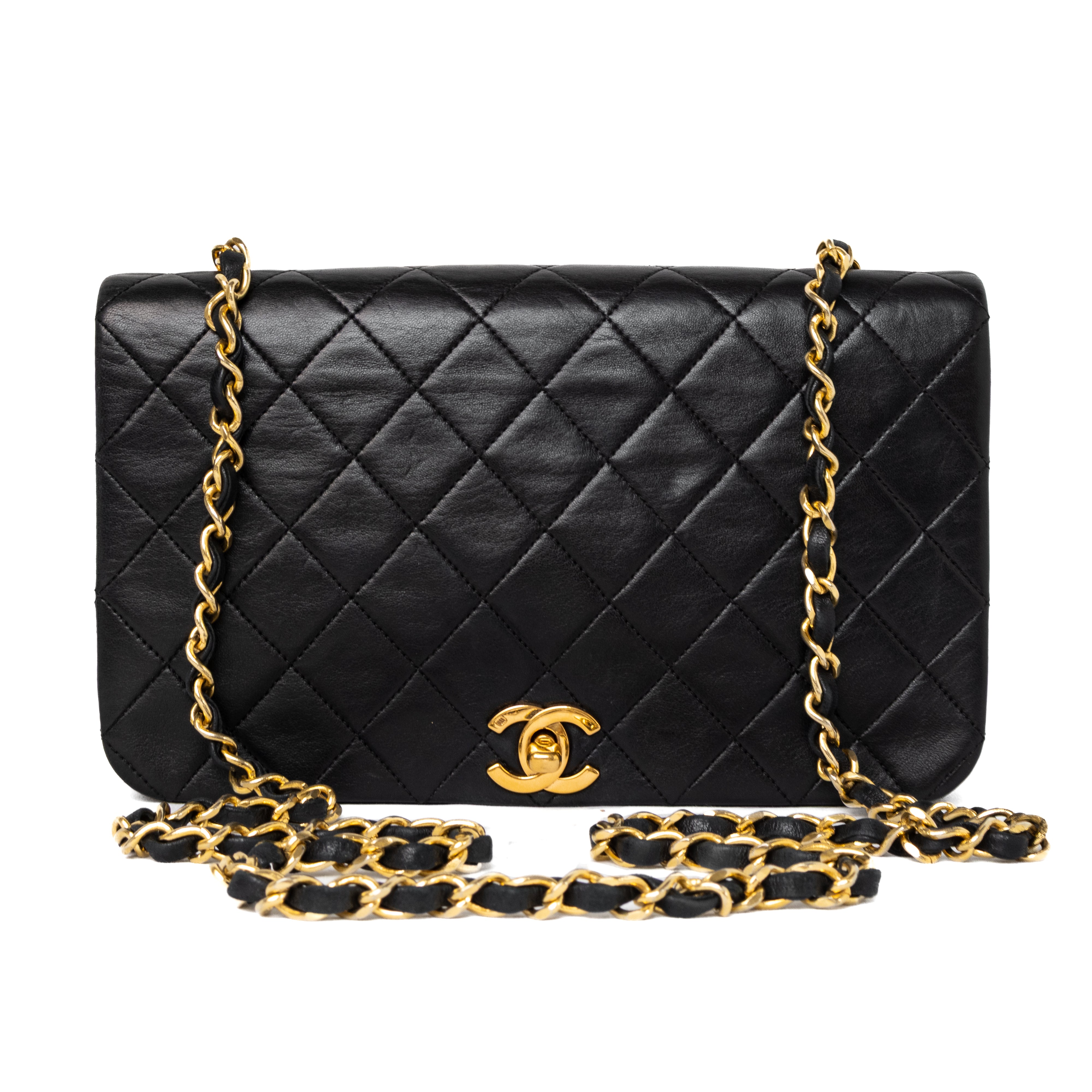 Chanel full flap turn lock vintage black lambskin gold 24K authentic 