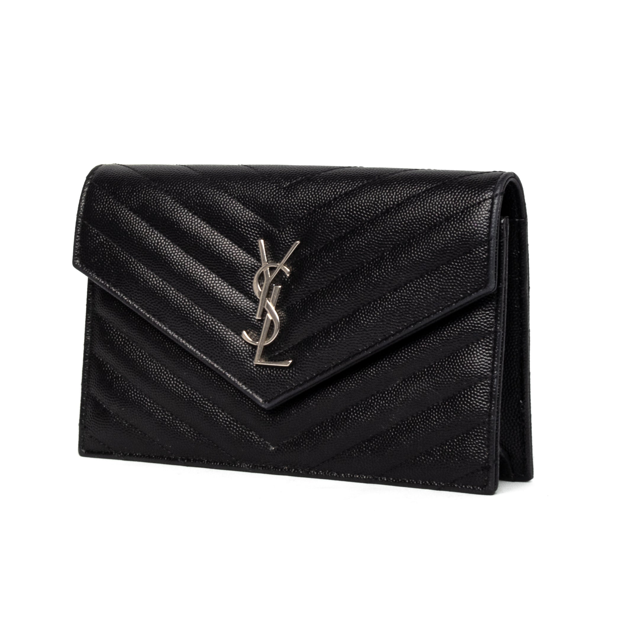 Yves saint laurent YSL cassandre envelope chain wallet black grained calfskin leather silver hardware wallet on chain WOC