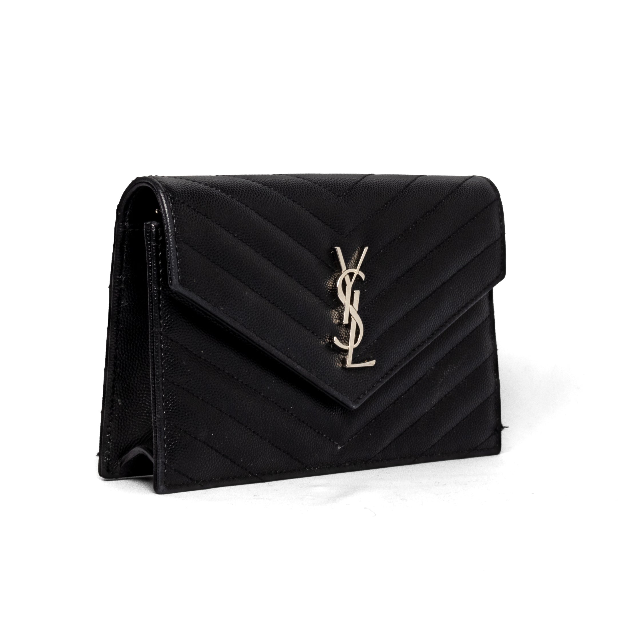 Yves saint laurent YSL cassandre envelope chain wallet black grained calfskin leather silver hardware wallet on chain WOC