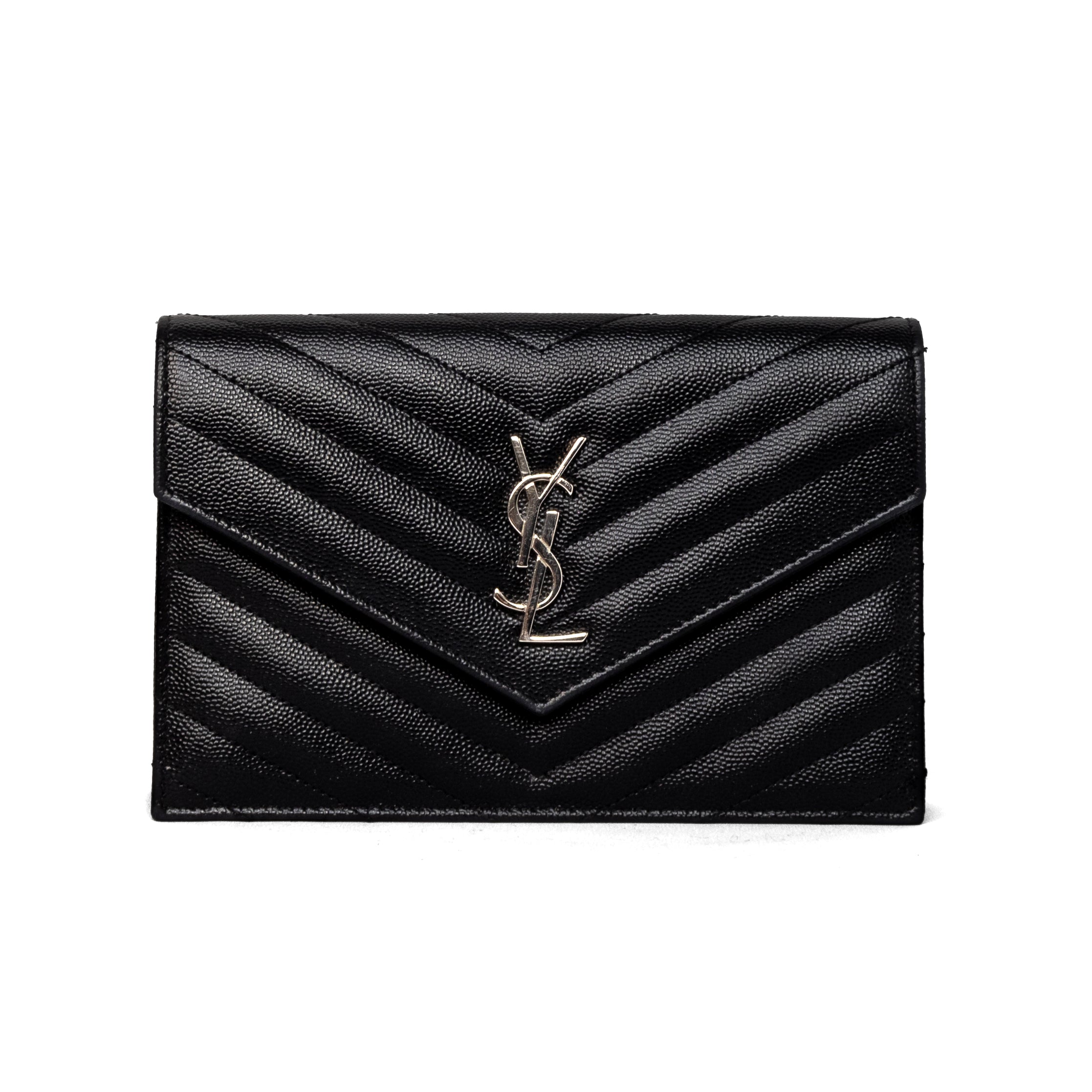 Yves saint laurent YSL cassandre envelope chain wallet black grained calfskin leather silver hardware wallet on chain WOC